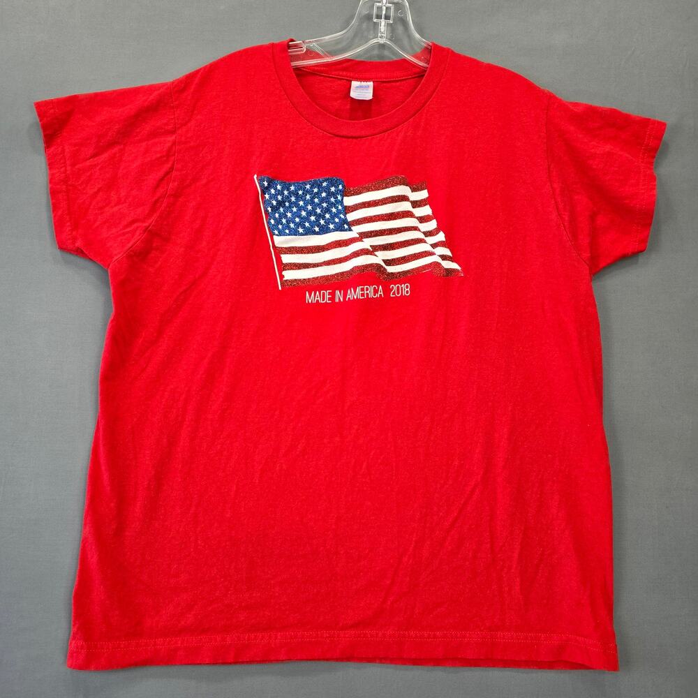 USA Flag Red Classic Tee 2018 Glittery Graphic Print Crew Neck Women Size XL Top